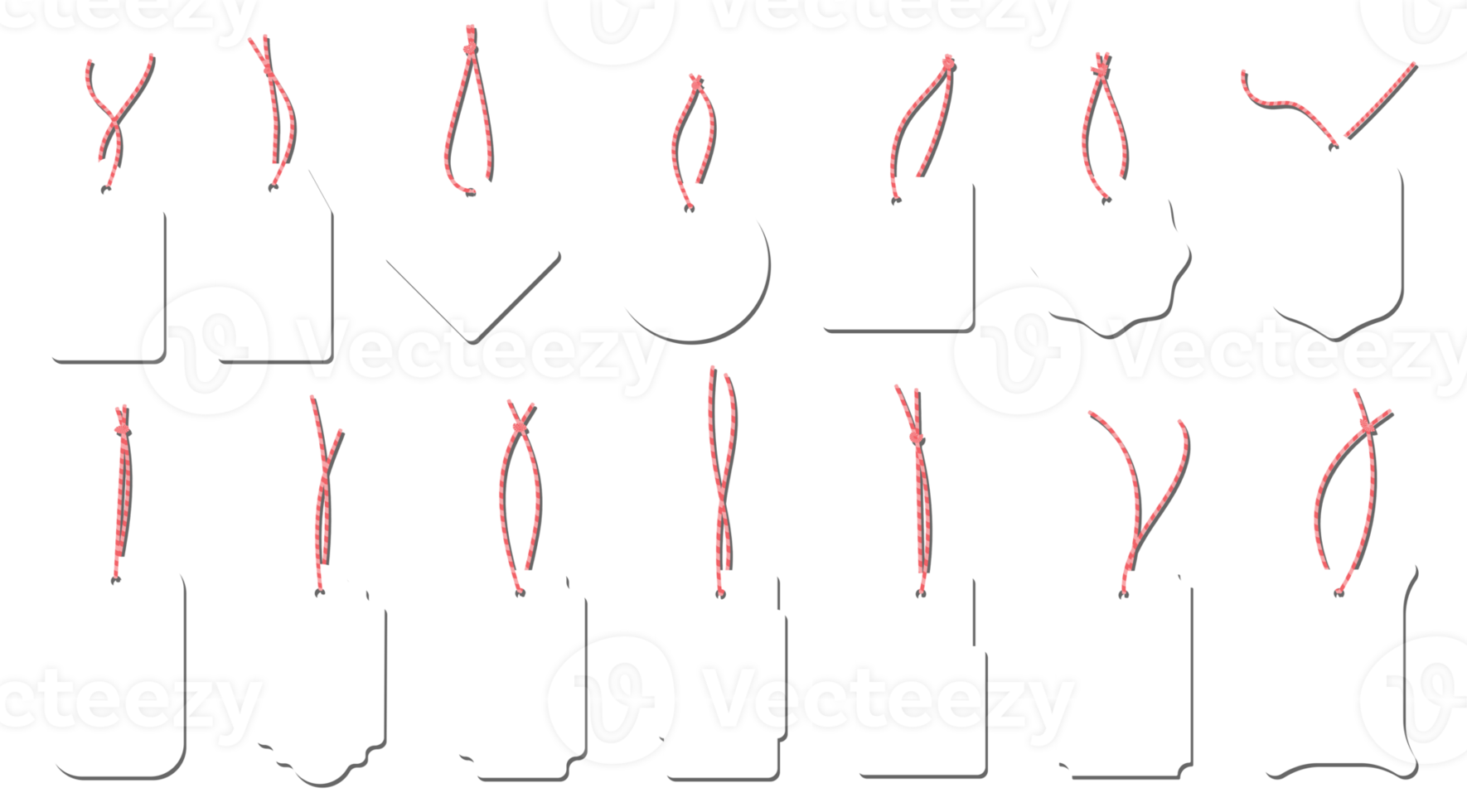 Set of blank white cardboard price tags with red string in different shapes png