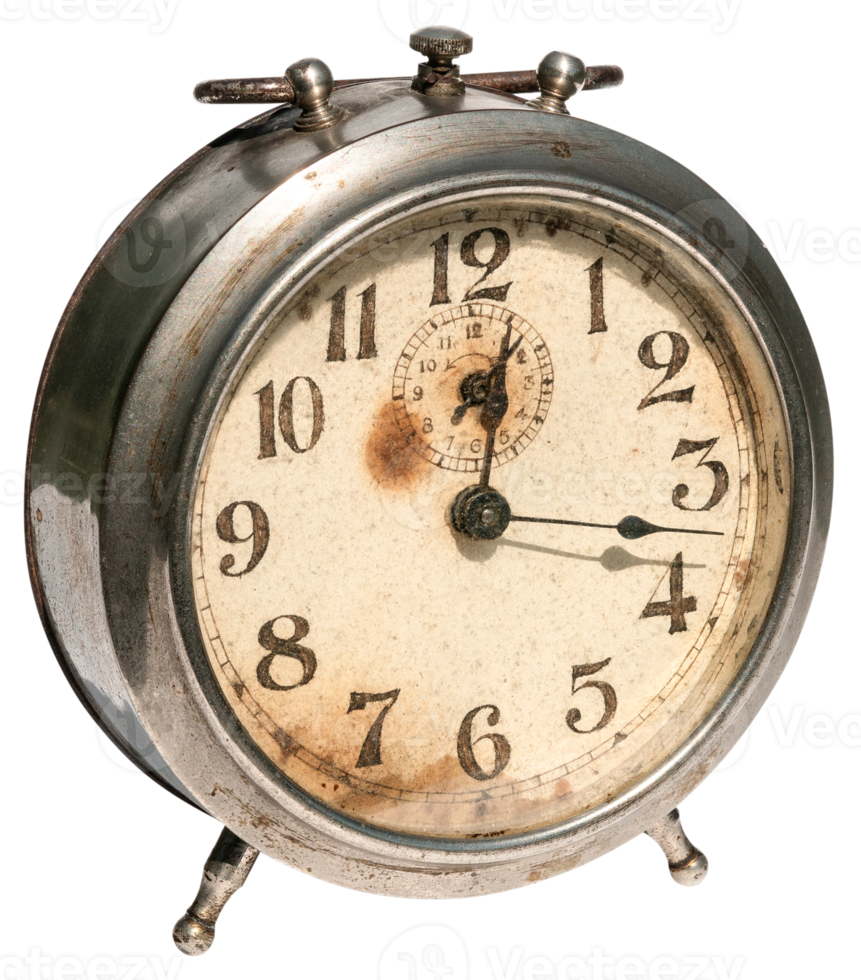 Retro alarm clock isolated Silver plated png