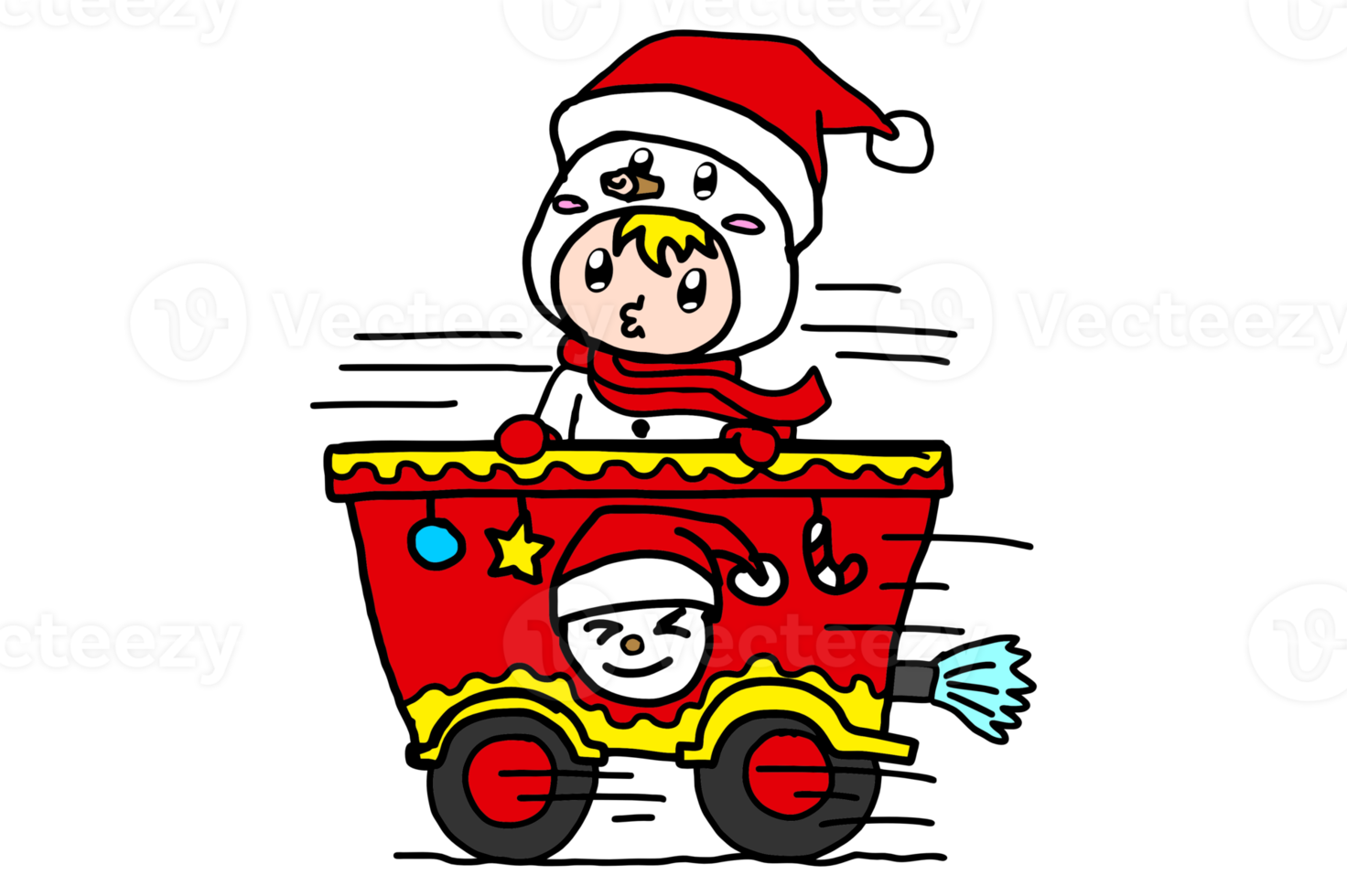Little Boy Cartoon Character In Snowman Costume Riding On A Christmas Train png