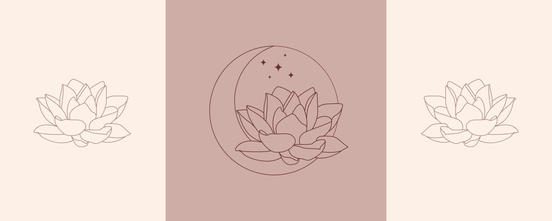 Moon and lotus flower vector set.  Elegant crescent and star logo design line icon vector in luxury style outline linear. Premium boutique, jewelry, wedding salon emblem logo design set.