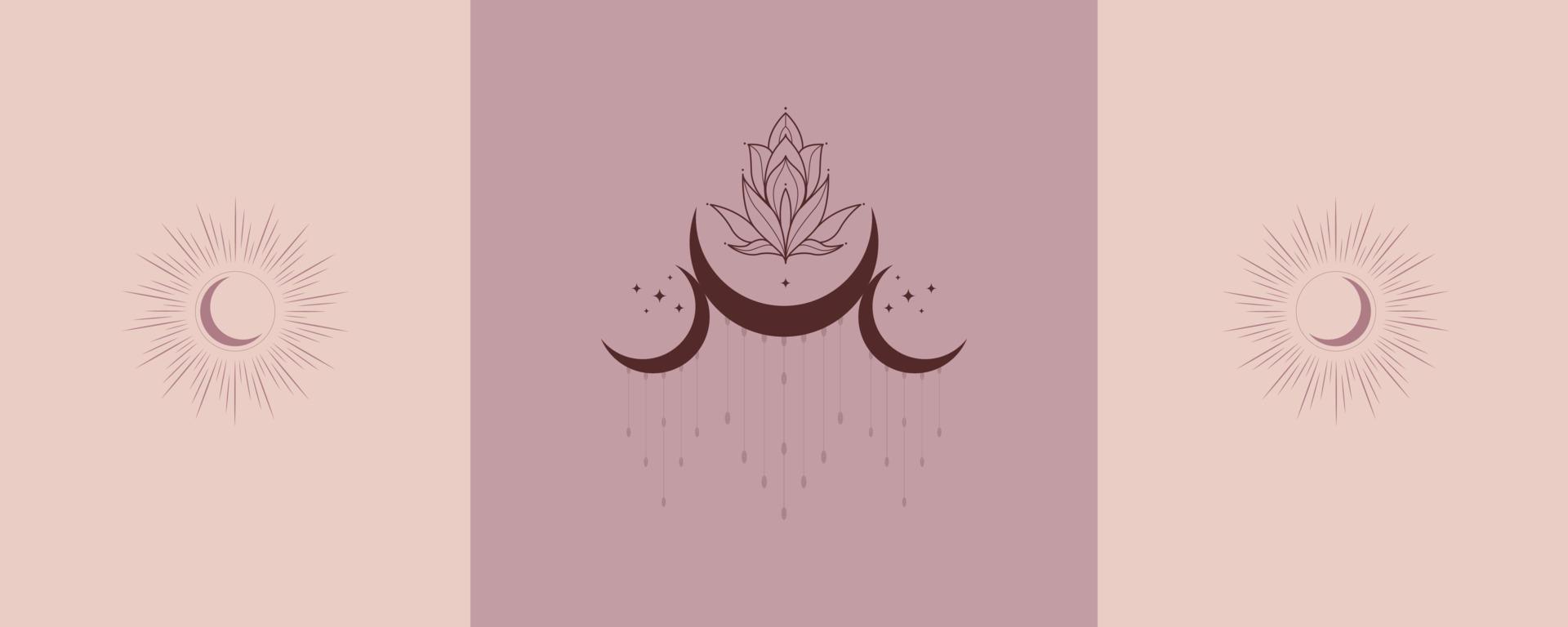 Moon and lotus flower vector set.  Elegant crescent and star logo design line icon vector in luxury style outline linear. Premium boutique, jewelry, wedding salon emblem logo design set.