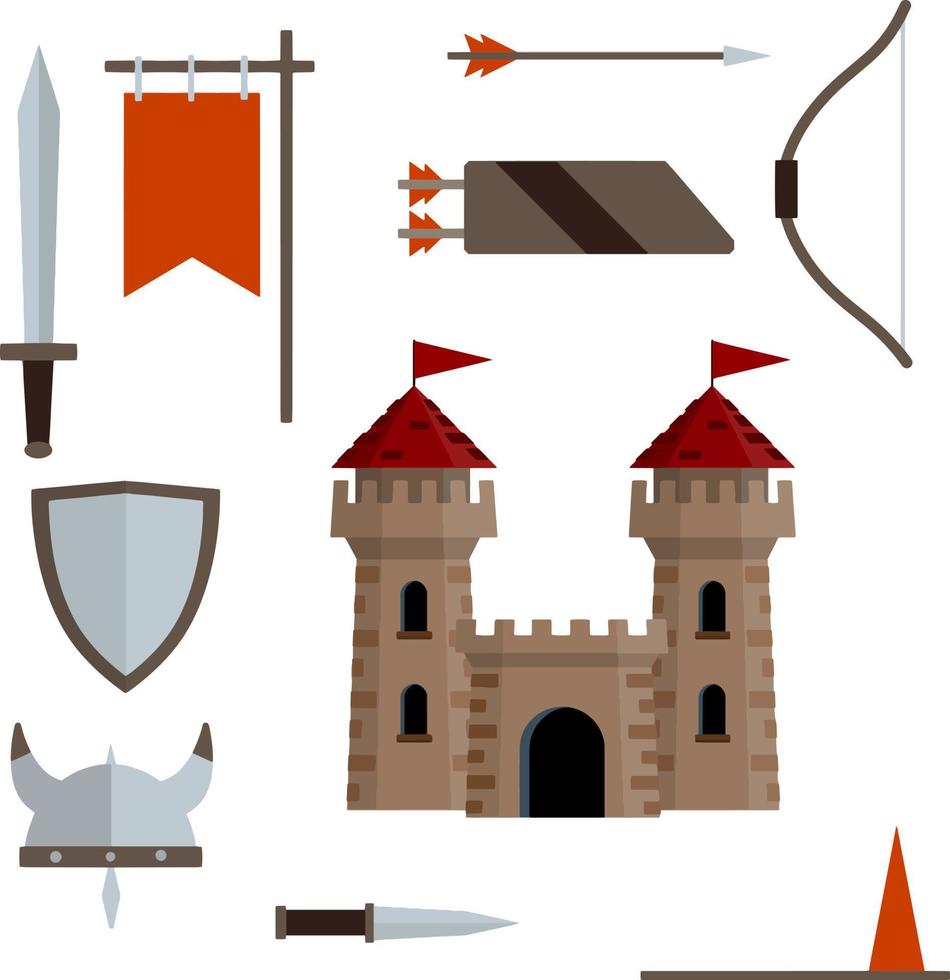 Medieval set of item. European castle with tower, shield, sword, red flag, tournament, arrow, bow, quiver, helmet of Viking. Historical subject. Cartoon flat illustration. Old armor and knight weapons vector