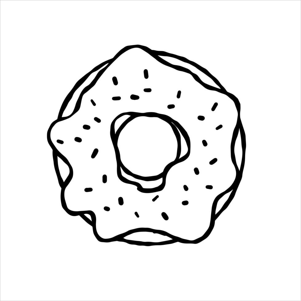 Donut with glaze. Sweet sugar dessert with icing. Outline cartoon illustration isolated on white background vector