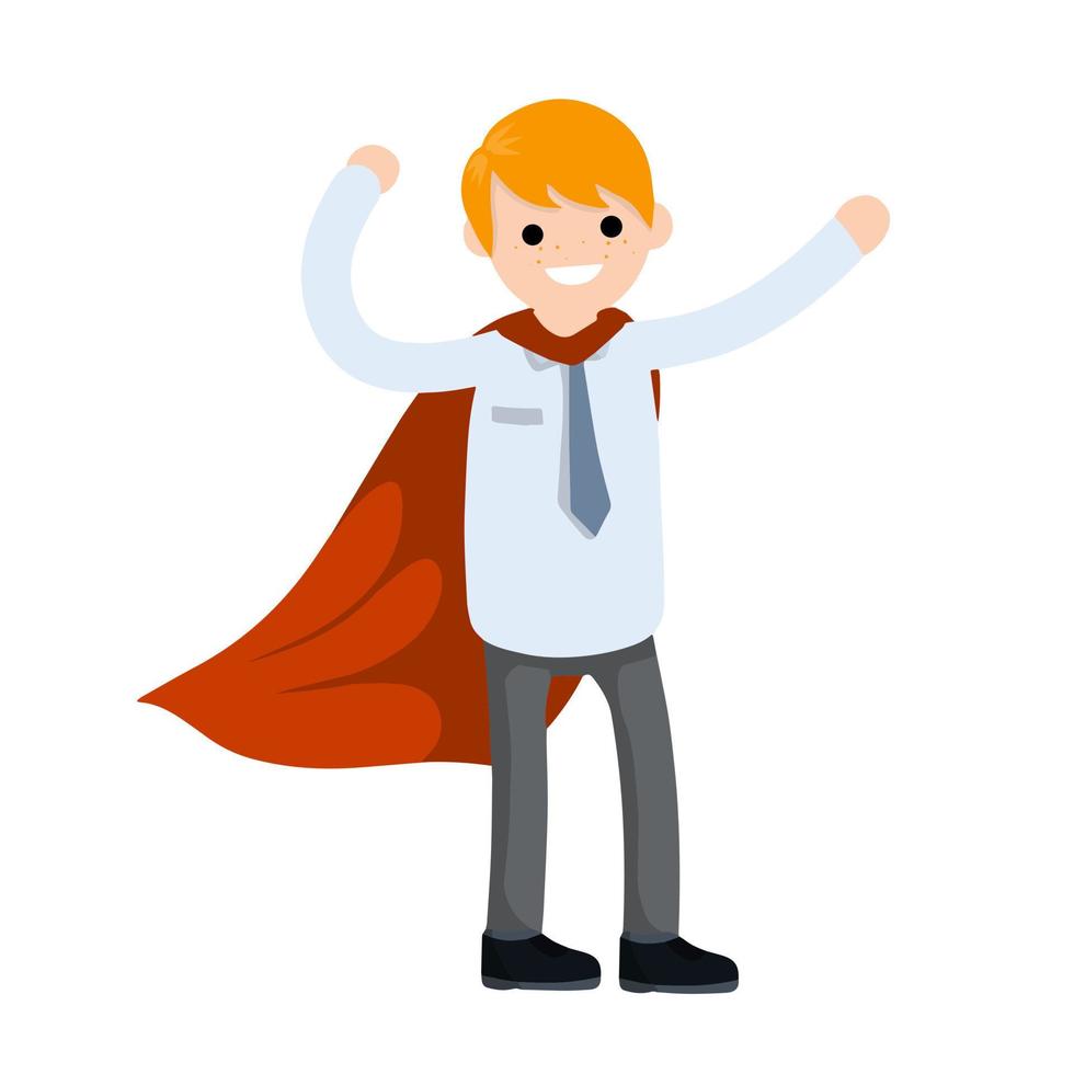 Businessman. Cartoon flat illustration. Superhero in red cloak. Man in strong pose and suit. Success and victory in business vector