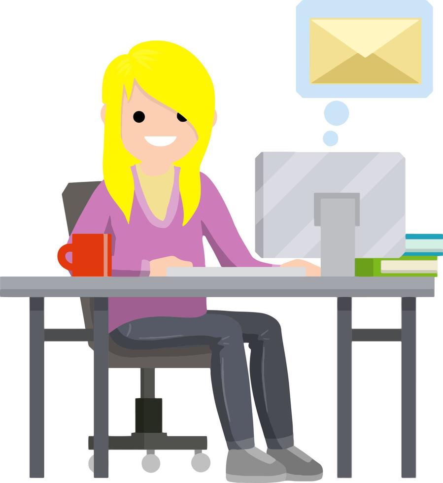 Young woman sit at table with computer and receives letter. Cartoon flat illustration. Work in office. postal envelope in bubble. e-mail in messenger, chat with friends on Internet vector