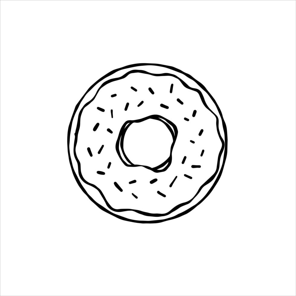 Donut with glaze. Sweet sugar dessert with icing. Outline cartoon illustration isolated on white background vector