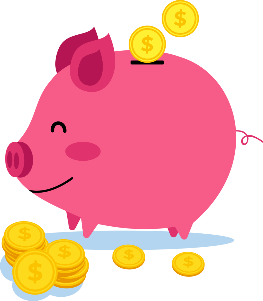 illustration of a piggy bank of money and a pile of gold coins. save money in a piggy bank png