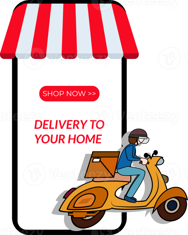 illustration of a delivery man driving a scooter out of the phone. home delivery service. sticker of a delivery man riding a scooter png