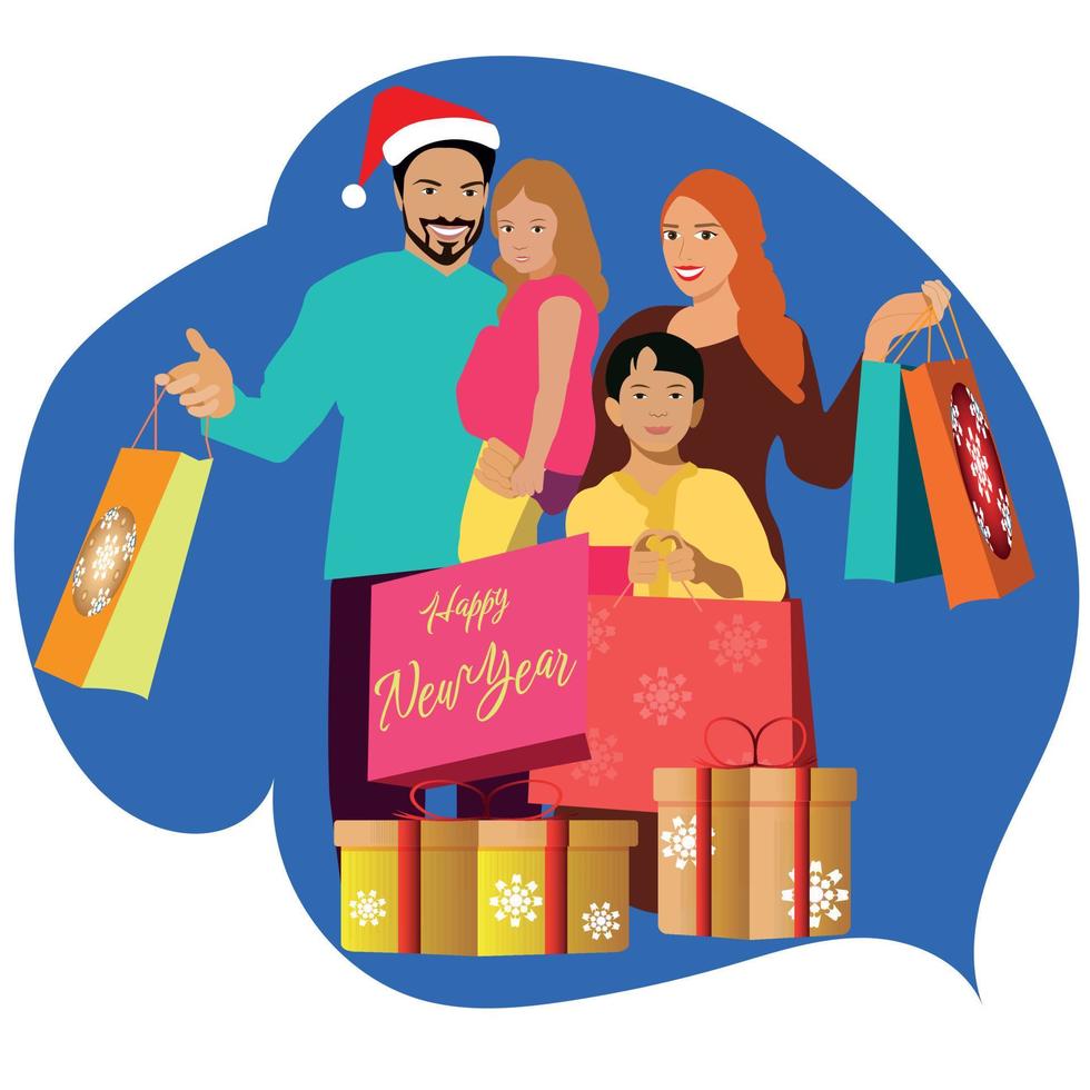 un contento familia es en un prisa para un grande Navidad rebaja en el almacenar. personas comprar regalos para nuevo año 2023. vector ilustración.