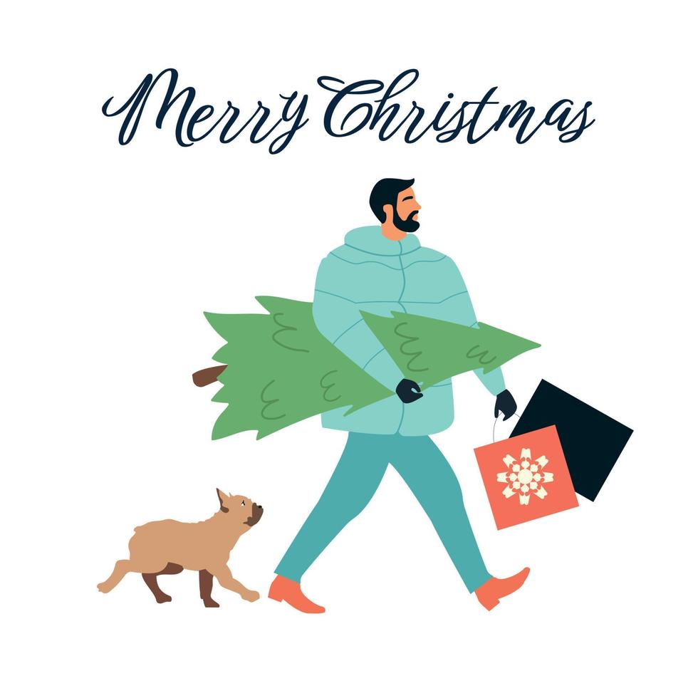 Man with real Christmas tree and french bulldog semi flat color characters. Editable figures. Full body person on white. Simple cartoon style illustration for web graphic design and animation vector