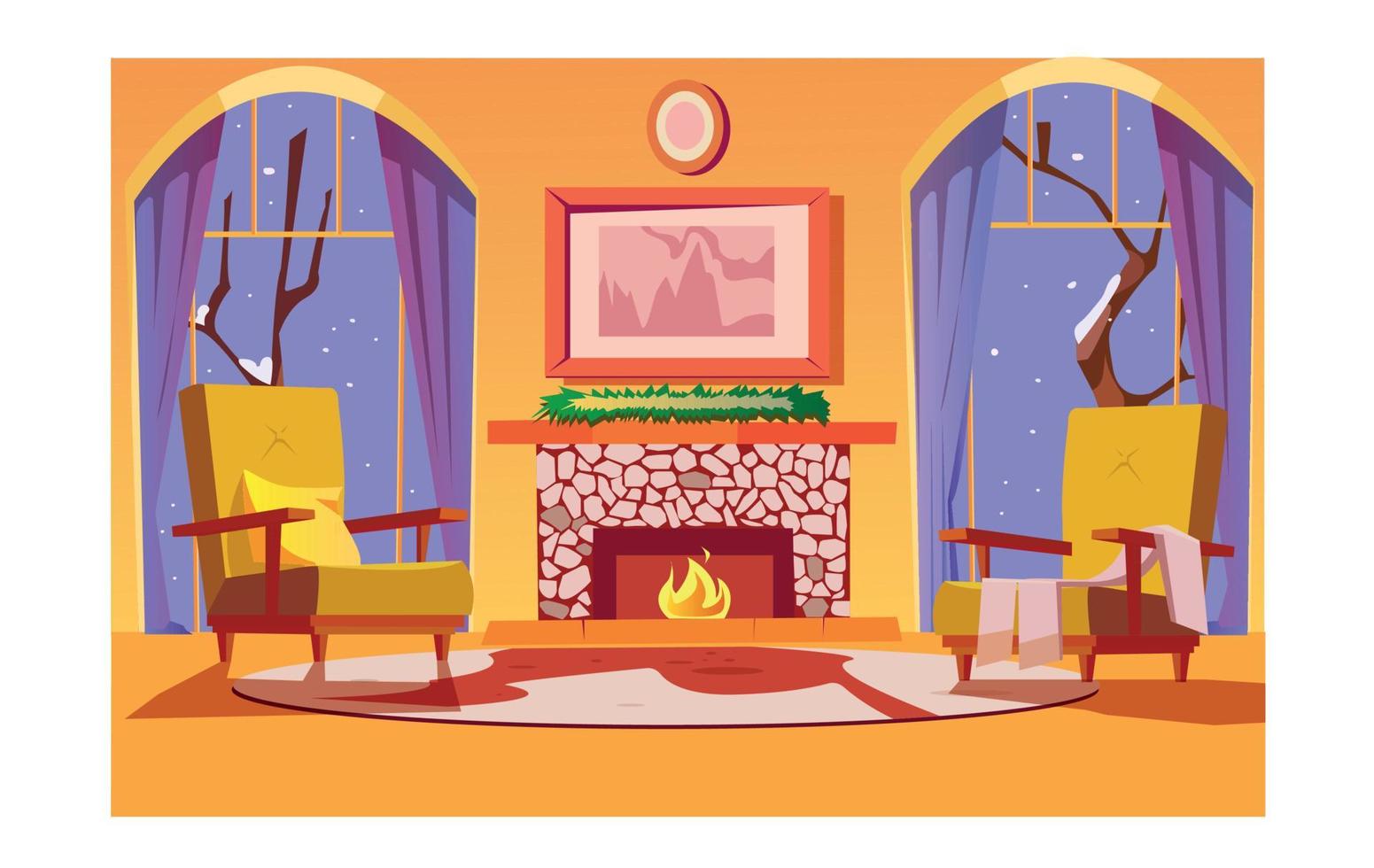 Living room flat color vector illustration. Fireplace for warmth in a cozy home. Winter outside the window. 2D cartoon interior with furniture in the background