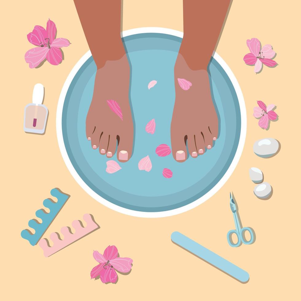 Spa pedicure top view vector illustration. Female feet in a bowl with water. Feet and hand treatments. Manicure and pedicure equipment, spa stones and flowers. Hand-drawn feminine salon design.