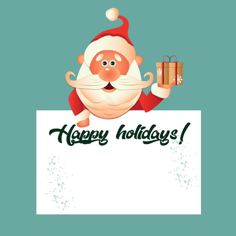 Christmas cartoon character of Santa Claus with a gift. Merry Christmas and Happy New Year greeting cute Santa cartoon lettering . vector