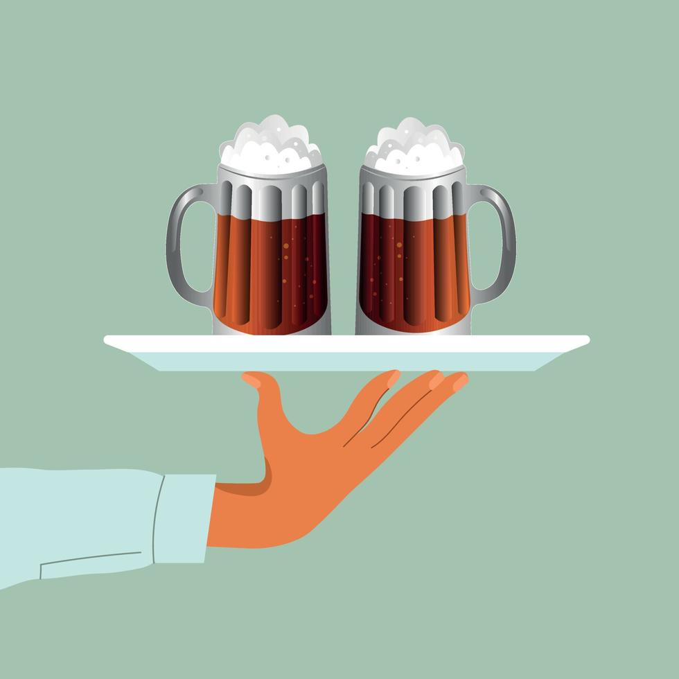 Beer on a tray. Glass of beer men holding in hand. Mug in hand isolated in flat style on background. The waiter makes the flow of alcohol. Illustration. Light alcoholic drink, cool foam. vector