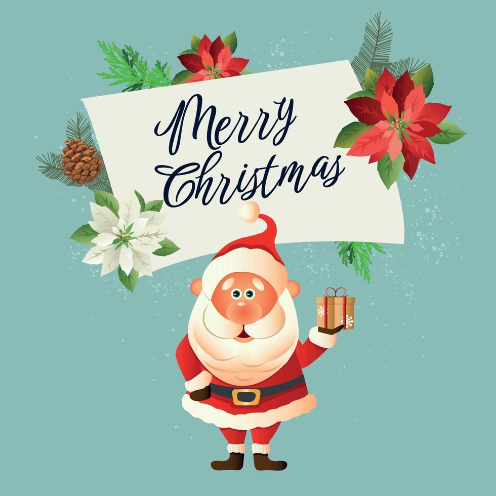 Vector cartoon illustration of a cute Santa Claus holding a gift.Banner with the text Merry Christmas. Holiday greeting card.