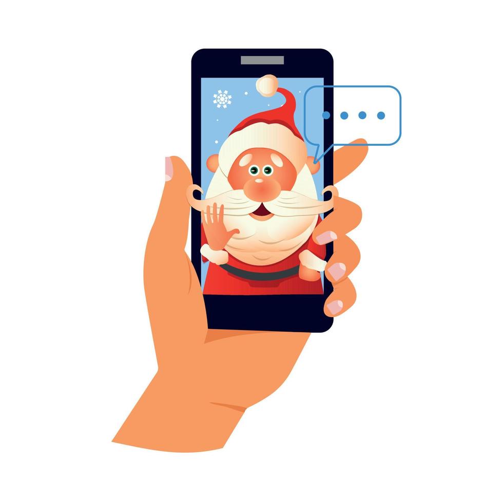 Video call Santa Claus, chatting online by mobile app. Stay at home, work, communication remotely. Hand holding smartphone. Santa calling on device screen. Internet messenger vector illustration.