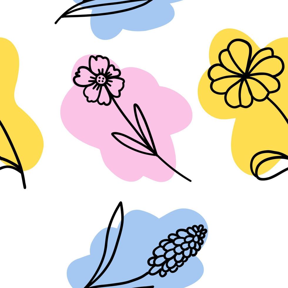 Flowers with colorful brush seamless pattern in flat doodle cartoon style. Vector seamless wallpaper with white background.