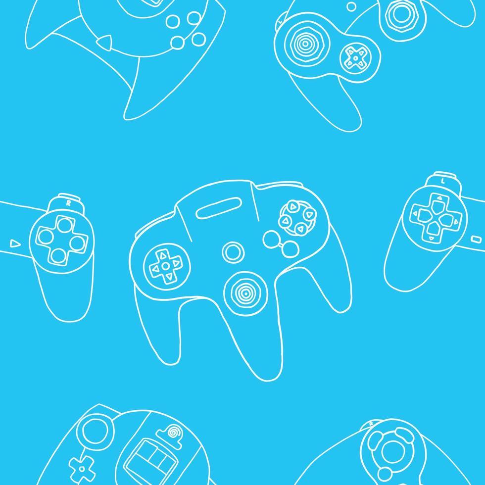 patrón sin costuras de controladores de juego. ilustración vectorial en estilo plano de contorno dibujado a mano sobre fondo azul vector