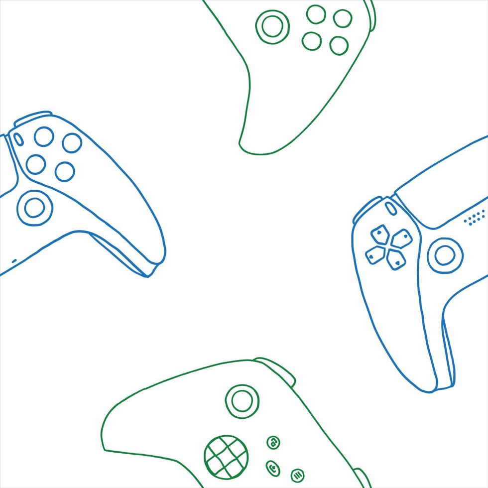 Seamless pattern of game controllers. Vector illustration in hand-drawn outline flat style on white background