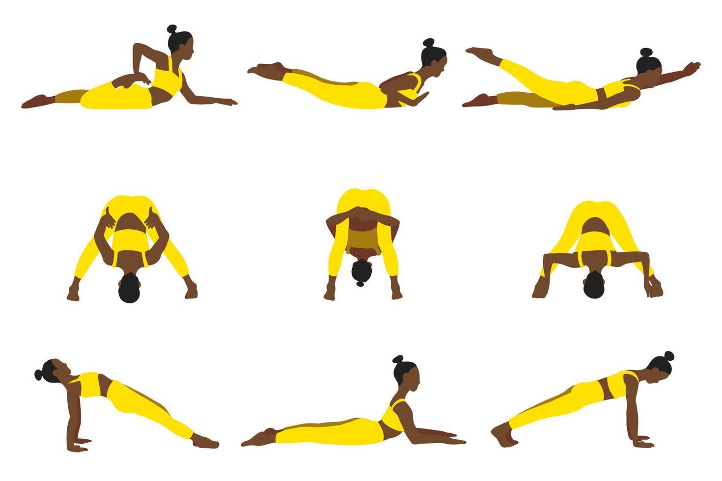 colección de posturas de yoga. afroamericano. mujer mujer niña. ilustración vectorial en estilo plano de dibujos animados aislado sobre fondo blanco. vector