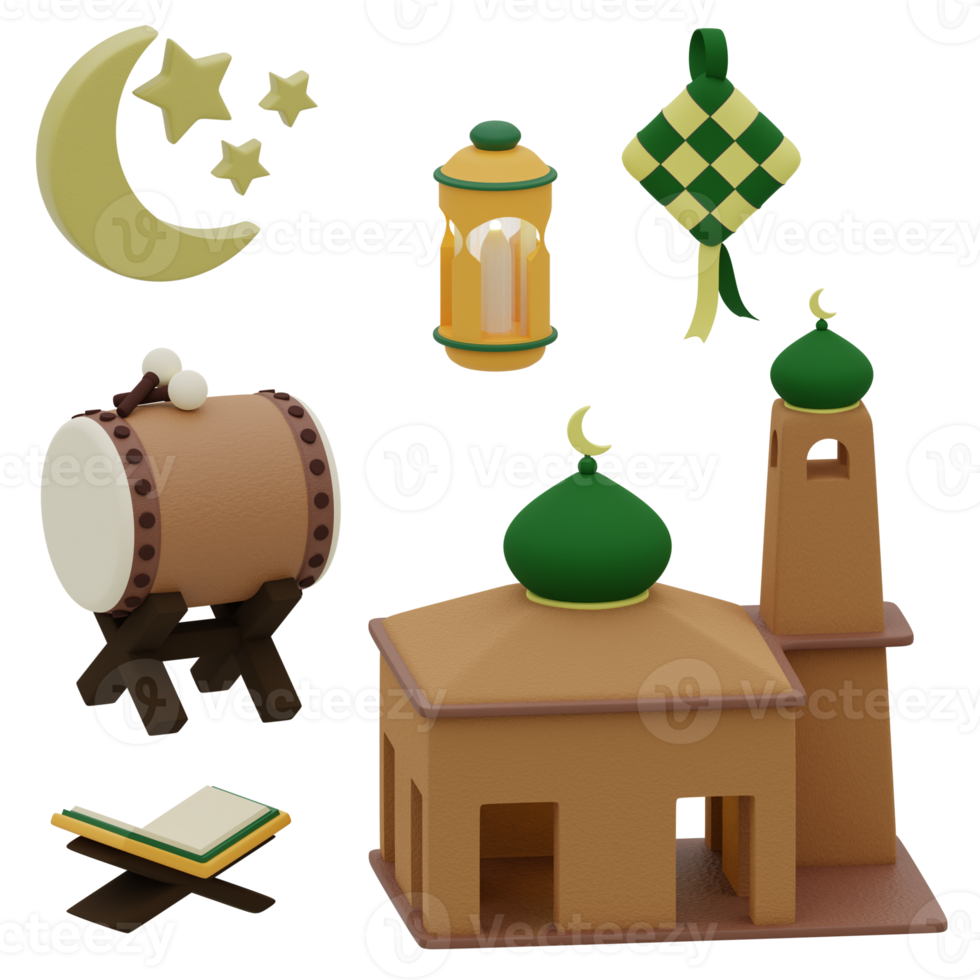 3d rendering moslem icon set includes mosque, lantern, mosque drum, crescent moon and stars perfect for design project png