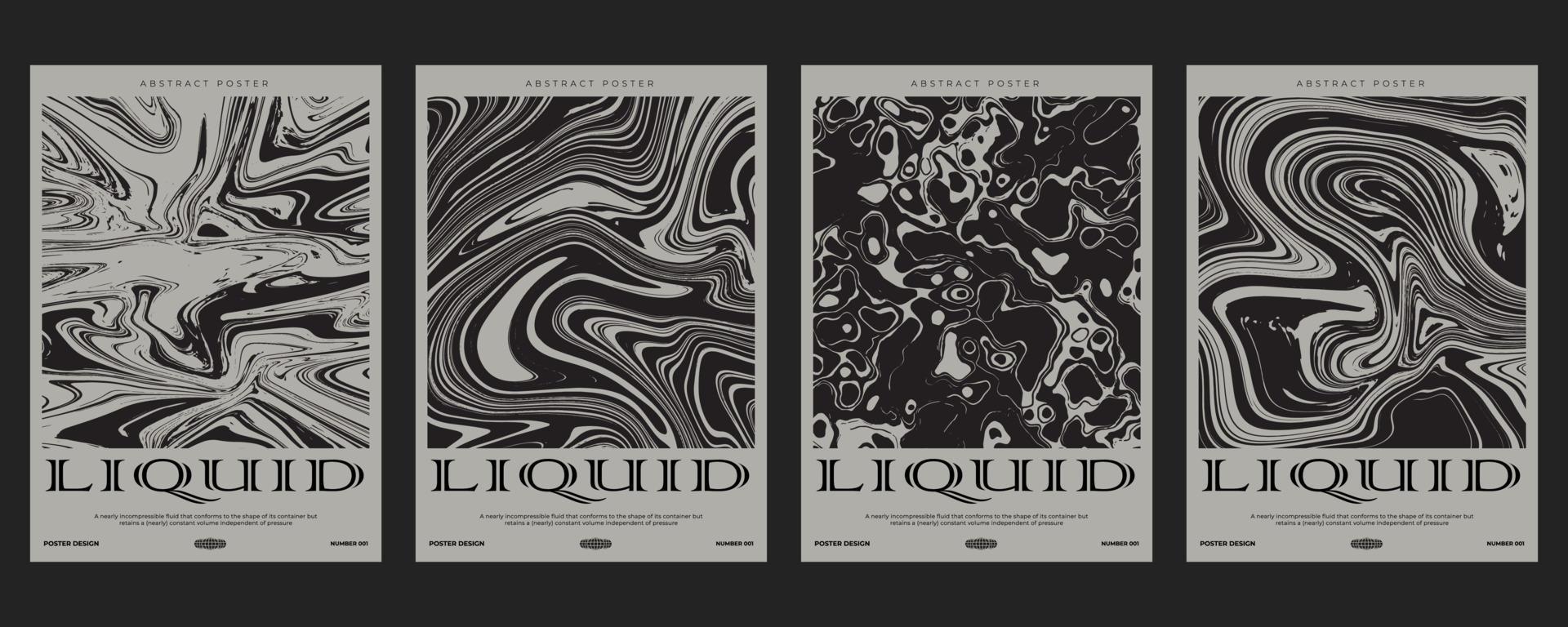 Black and white poster design with liquid and curve ink lines, abstract geometric shapes and place for text. Techno futuristic style for banner, flyer, invitation, business card, and t-shirt vector