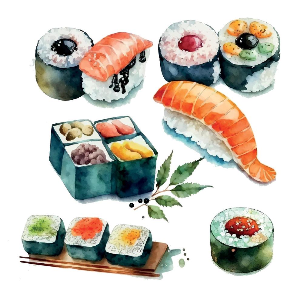 set of beautiful tasty japanese sushi seafood - watercolor hand drawn objects isolated on white background - vector illustration