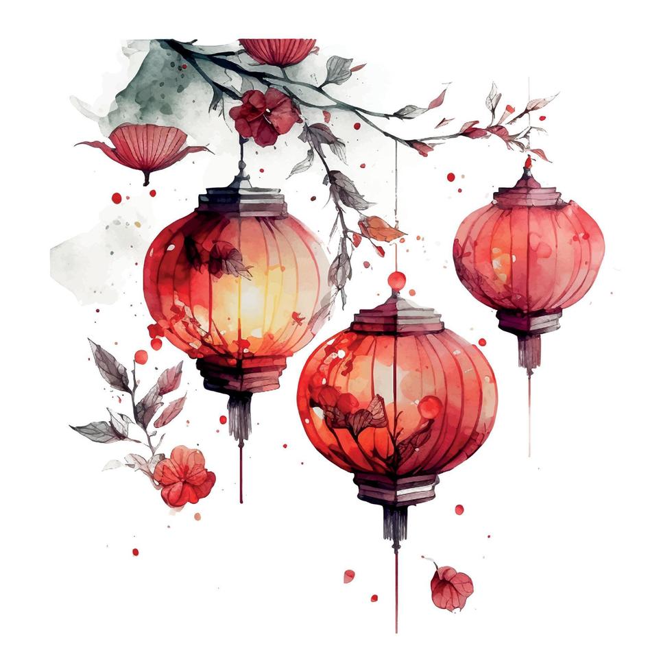 diseño de tarjeta de vector festivo de año nuevo chino sobre fondo de acuarela linternas rojas chinas