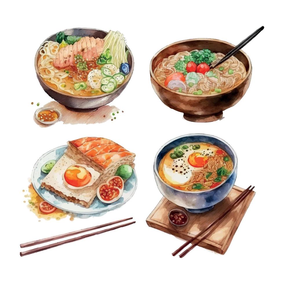 watercolor Ramen bowl noodles vector culture japan