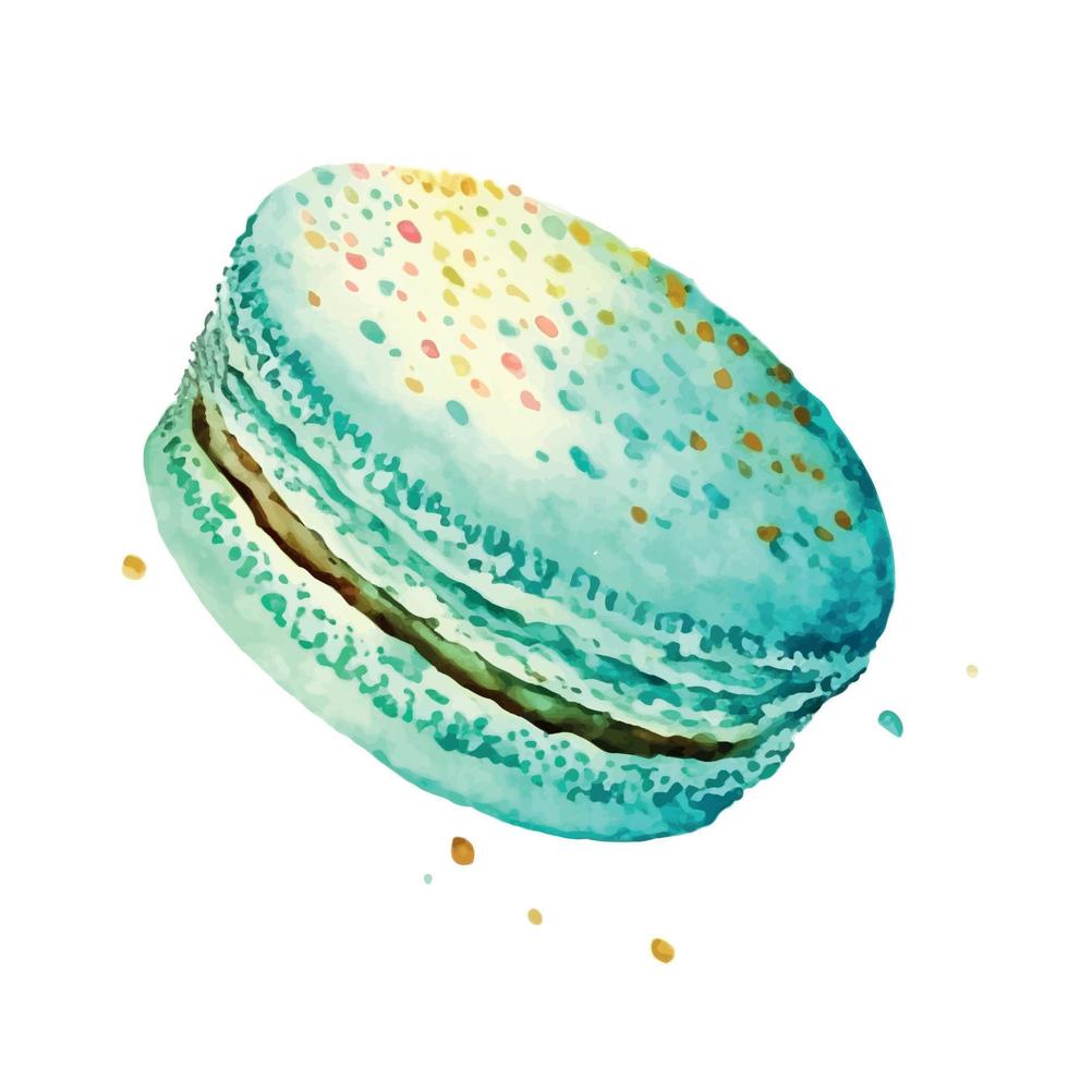 Watercolor image of blue macaroon decorated with bright pink daisy flowers isolated on white background. Hand drawn illustration of popular crunchy dessert for cafe decoration vector