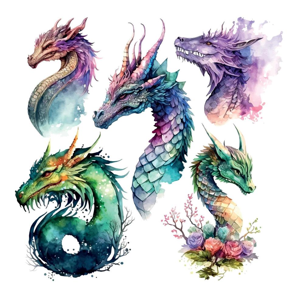 Colorful dragon set with wings isolated on white background. Watercolor. Illustration. Template. Sketch. Handmade Clip art. vector