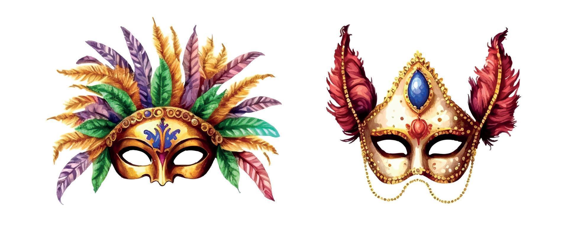 Composition for Mardi Gras. Group of traditional objects. Mask, beads and feathers. Hand drawn watercolor illustration on white background vector