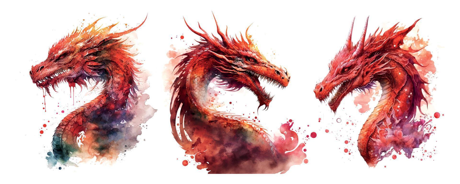 Chinese red Dragon set vector hand drawn watercolor illustration sketch for decorative design of Asian culture celebrations, traditional holidays banners, greeting cards