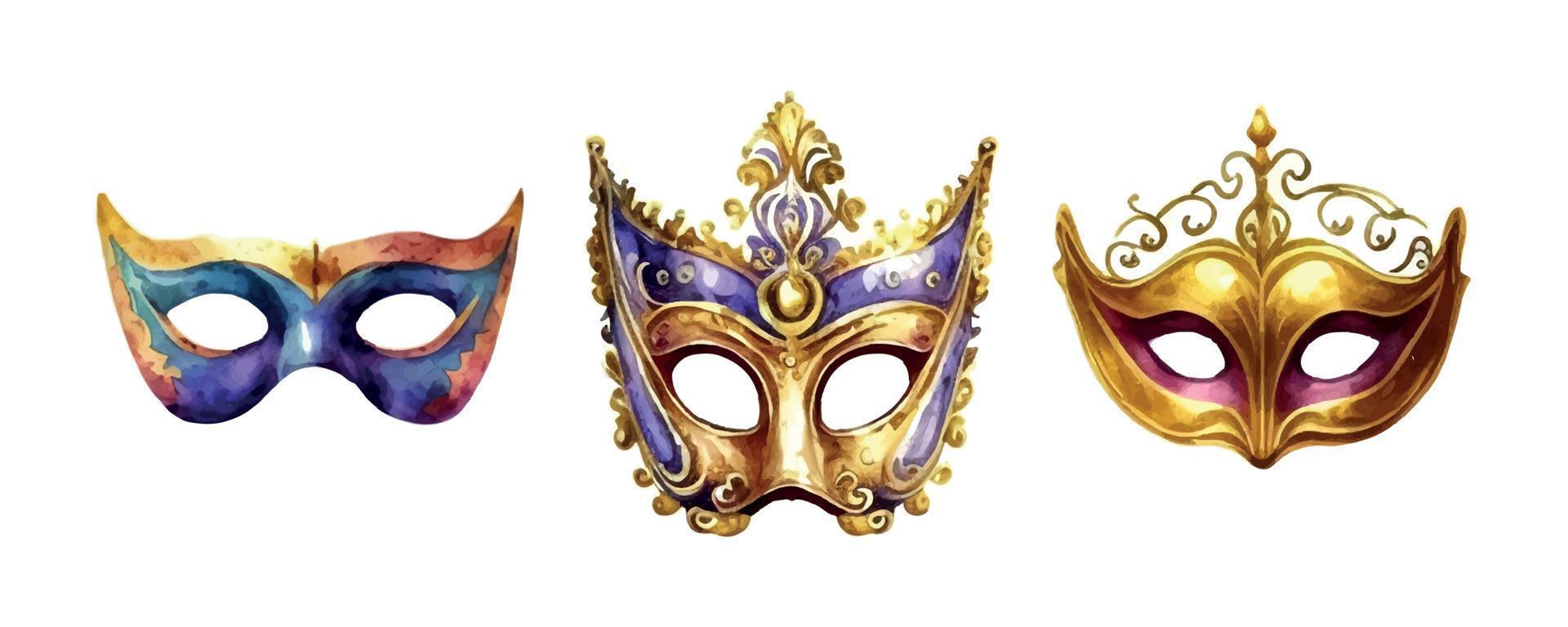 composición para mardi hierba grupo de tradicional objetos. mascarilla, rosario y plumas. mano dibujado acuarela ilustración en blanco antecedentes vector