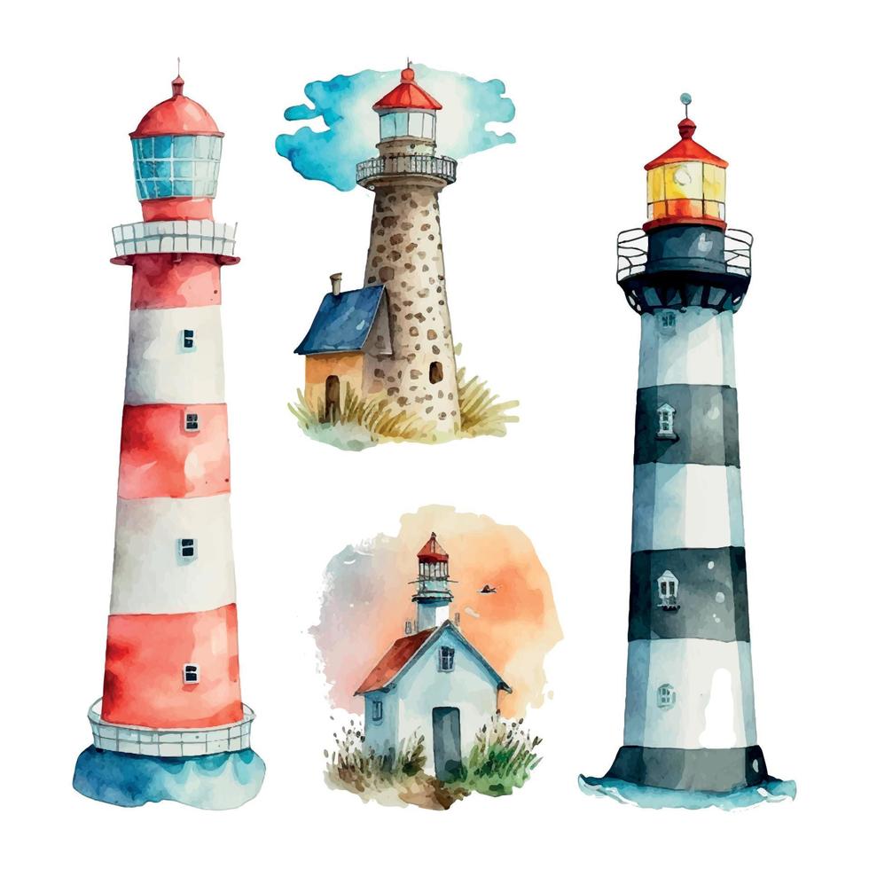 acuarela faro ilustración. aislado faro y gaviotas en blanco antecedentes. mano dibujado obra de arte vector