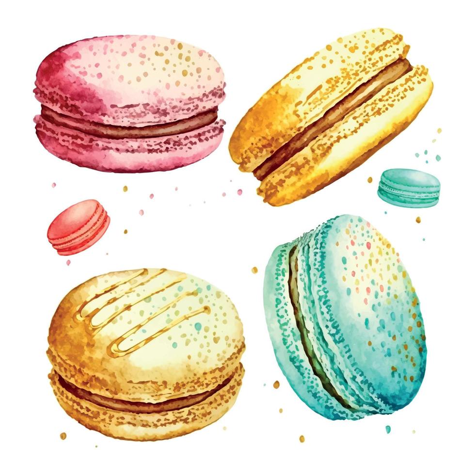 Watercolor image of blue macaroon decorated with bright pink daisy flowers isolated on white background. Hand drawn illustration of popular crunchy dessert for cafe decoration vector