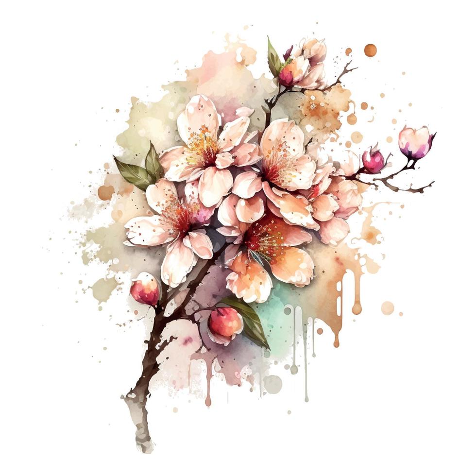 Spring flowers cherry blossoms and falling petals background-watercolor illustration vector