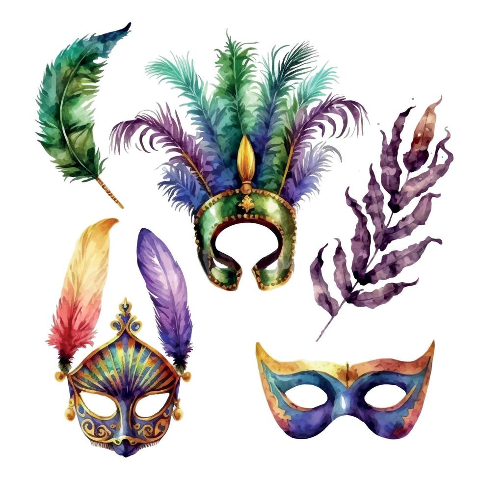 Composition for Mardi Gras. Group of traditional objects. Mask, beads and feathers. Hand drawn watercolor illustration on white background vector