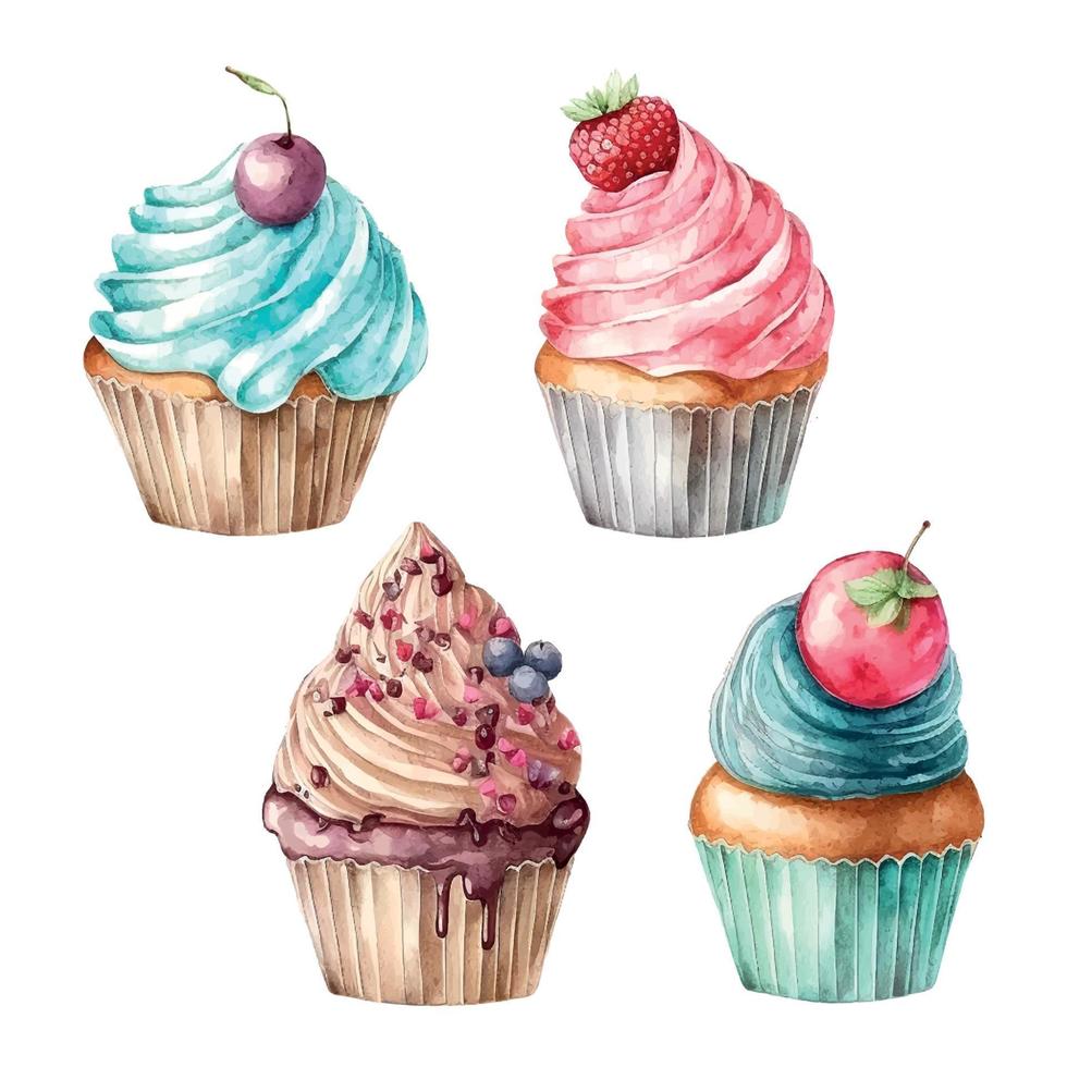 juego de cupcakes con crema. helado de ilustración acuarela vector