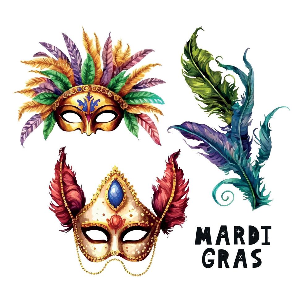 composición para mardi hierba grupo de tradicional objetos. mascarilla, rosario y plumas. mano dibujado acuarela ilustración en blanco antecedentes vector