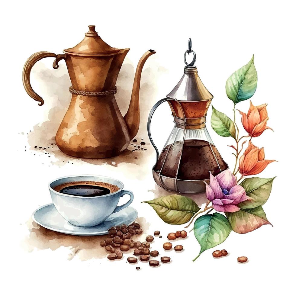 Set of watercolor painting craft package with coffee beans, coffee grinder, coffee maker and spices cinnamon, cloves. Black coffee or cappuccino. Hot drink for breakfast. Refreshing drink. Isolated vector