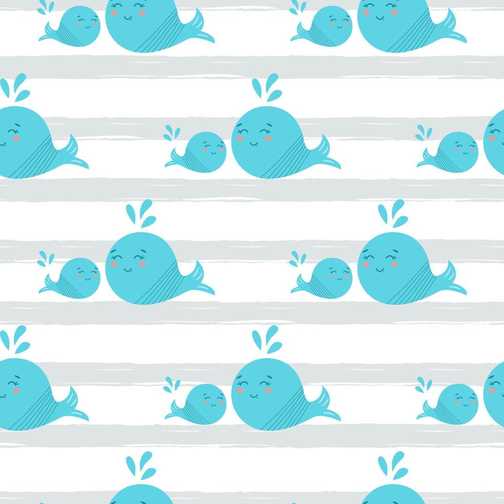 Cute blue whale seamless pattern on striped background. Baby shower design Sea fish kids print Wallpaper pattern fills textile fabric Cute texture. Funny while character Baby fabric illustration. vector