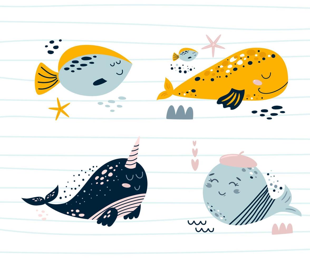 Cute sea animal character set. Smiling whales, sea fish, narwhal. Nautical animals illustrations Ocean print elements collection. Baby nursery art. Summer vector for kids boys girls. Under water life.