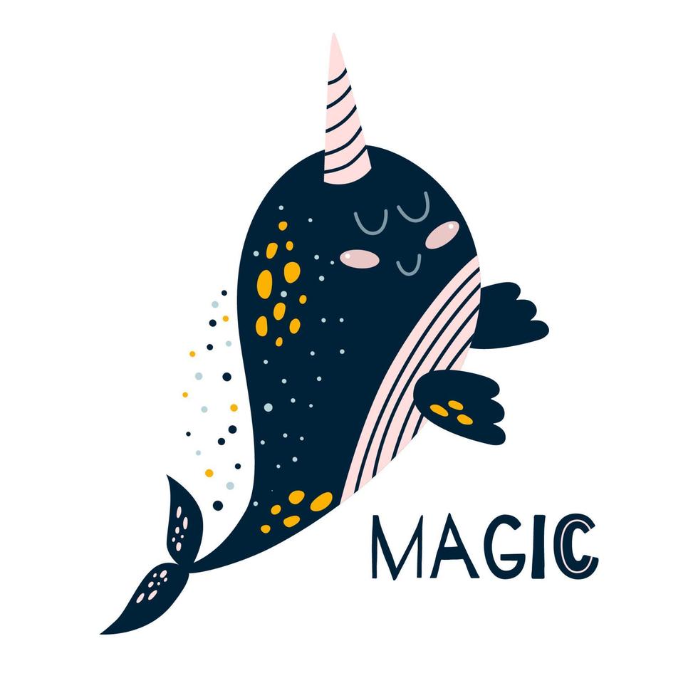 Narwhal text Magic. Cute narwhal whale. Funny kids unicorn whale drawing for kids wall art. Kawaii sea graphic element. Sea animal for print design, posters. Vector cartoon character illustration.