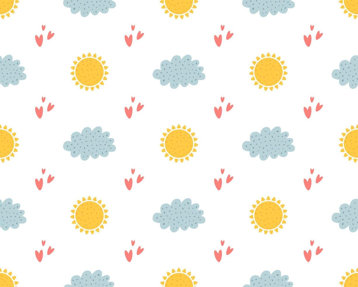 Nursery clouds seamless pattern. Cute kids clouds, sun and heart. Hand drawn repeat background, baby textile wallpaper cloth design vector illustration. Sunny weather yellow suns, grey clouds pattern.