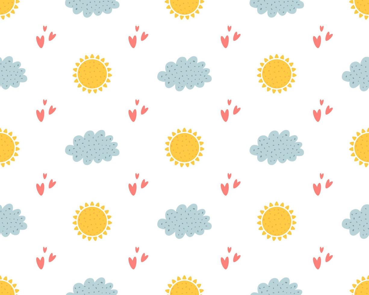 Nursery clouds seamless pattern. Cute kids clouds, sun and heart. Hand drawn repeat background, baby textile wallpaper cloth design vector illustration. Sunny weather yellow suns, grey clouds pattern.