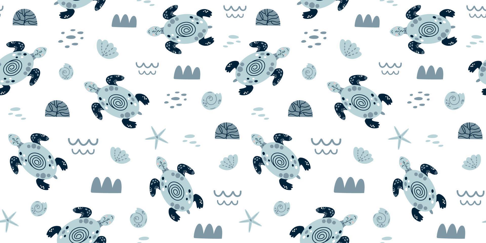 Sea turtle seamless pattern Cute swimming blue turtles. Boys nautical pattern wallpaper. Sea baby kids background, surface textures. Hand drawn ocean animals. Simple summer vector illustration.