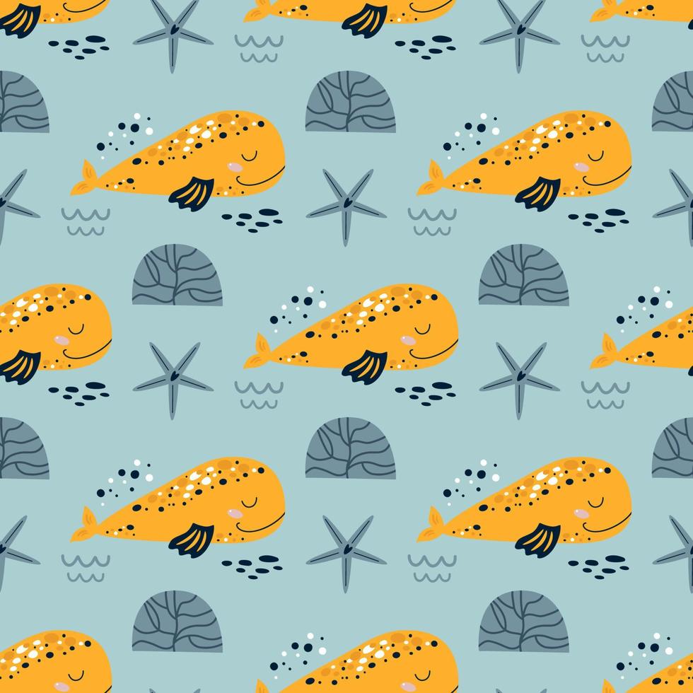 Whale repeat background Super cute whale seamless pattern for baby print Sea kids fabric design, fun fish, grey kids nautical pattern. Under sea wallpaper textile. Aquatic vector cartoon illustration.