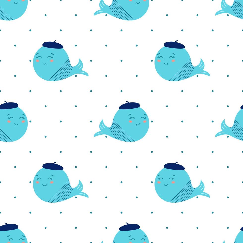 Whales seamless pattern Cute animals character. Cute background with cartoon blue whales. Baby shower design. Sea pattern for wallpapers, pattern fills, surface textures. Blue whales illustration. vector