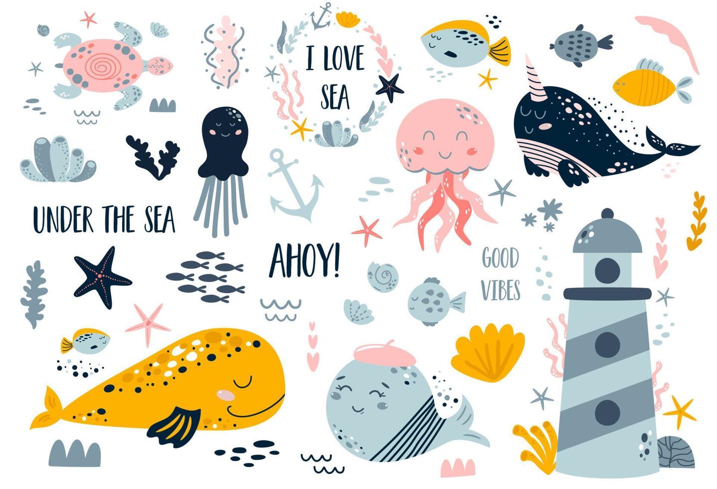 niños mar elementos conjunto aislado en blanco. Oceano colección con pez, ballenas, faro, pulpo, Medusa, tortuga, mar estrellas, conchas marinas, corales linda vector ilustración. bebé mar gráfico diseño.